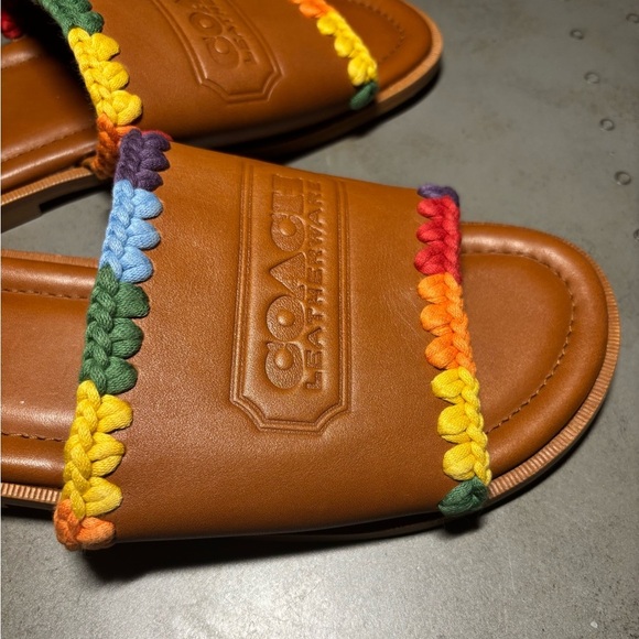 Coach Men's Pride Burnished Amber Leather Crochet Trimmed Slides, Size 10 - Picture 5 of 8